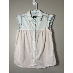 Jordache Vtg Button Front Top Girls 10-12 Denim & Swiss Dot Cap Sleeve Button Up